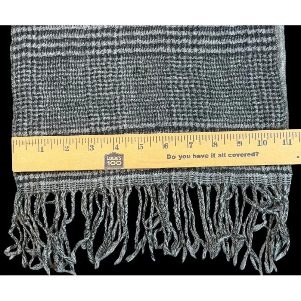 Polo Ralph Lauren Virgin Wool/Cashmere Black Gray Plaid Fringe Scarf Italy 11x70